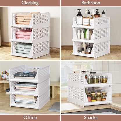 Folding Closet Organizers Storage Box, Stackable Storage Bins, Plastic Drawer Basket Closet Storage for Wardrobe Cupboard Kitchen Bathroom Office White-5L