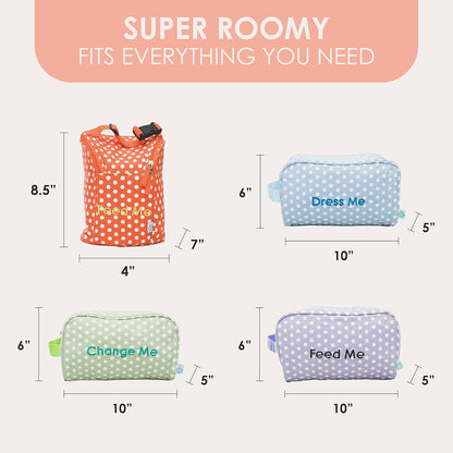 Diaper, Bottle, and Supplies - Organizer Pouches - Change, Feed, and Dress Me (4 Pack Laguna) | Organizing Packing Tote Cubes for Baby Items | Good for Travel and Keeping Organized