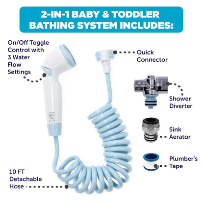 Playtex Baby 2-in-1 Shower Sprayer for Baby and Toddler Bath Time, Blue/White, 10-foot Hose