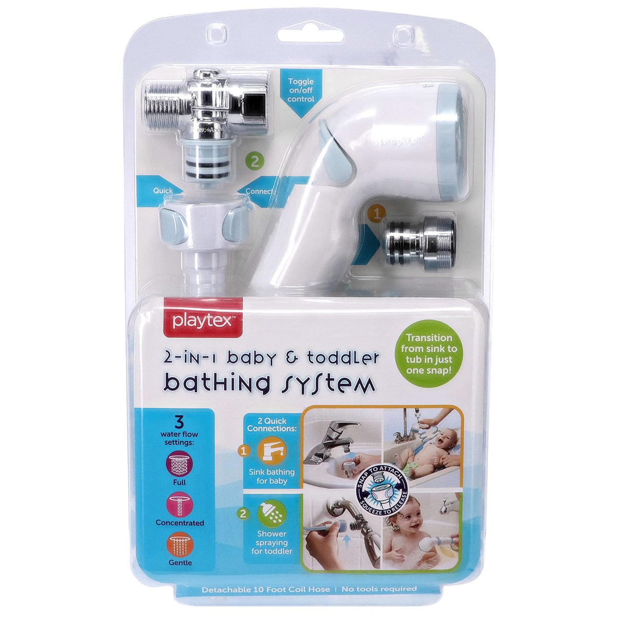 Playtex Baby 2-in-1 Shower Sprayer for Baby and Toddler Bath Time, Blue/White, 10-foot Hose