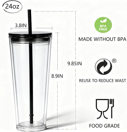 24oz Tumbler with Lid and Straw, Leak Proof and Double Wall Insulated Reusable Plastic Cups,Travel Reusable Iced Coffee Cup (1, Black)