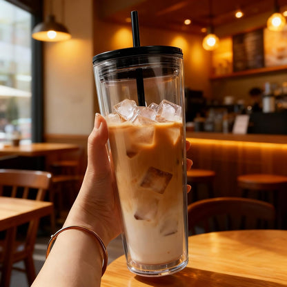 24oz Tumbler with Lid and Straw, Leak Proof and Double Wall Insulated Reusable Plastic Cups,Travel Reusable Iced Coffee Cup (1, Black)