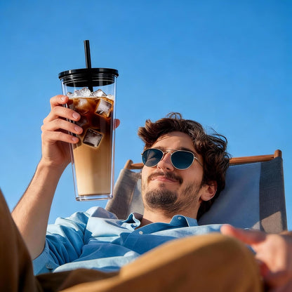 24oz Tumbler with Lid and Straw, Leak Proof and Double Wall Insulated Reusable Plastic Cups,Travel Reusable Iced Coffee Cup (1, Black)