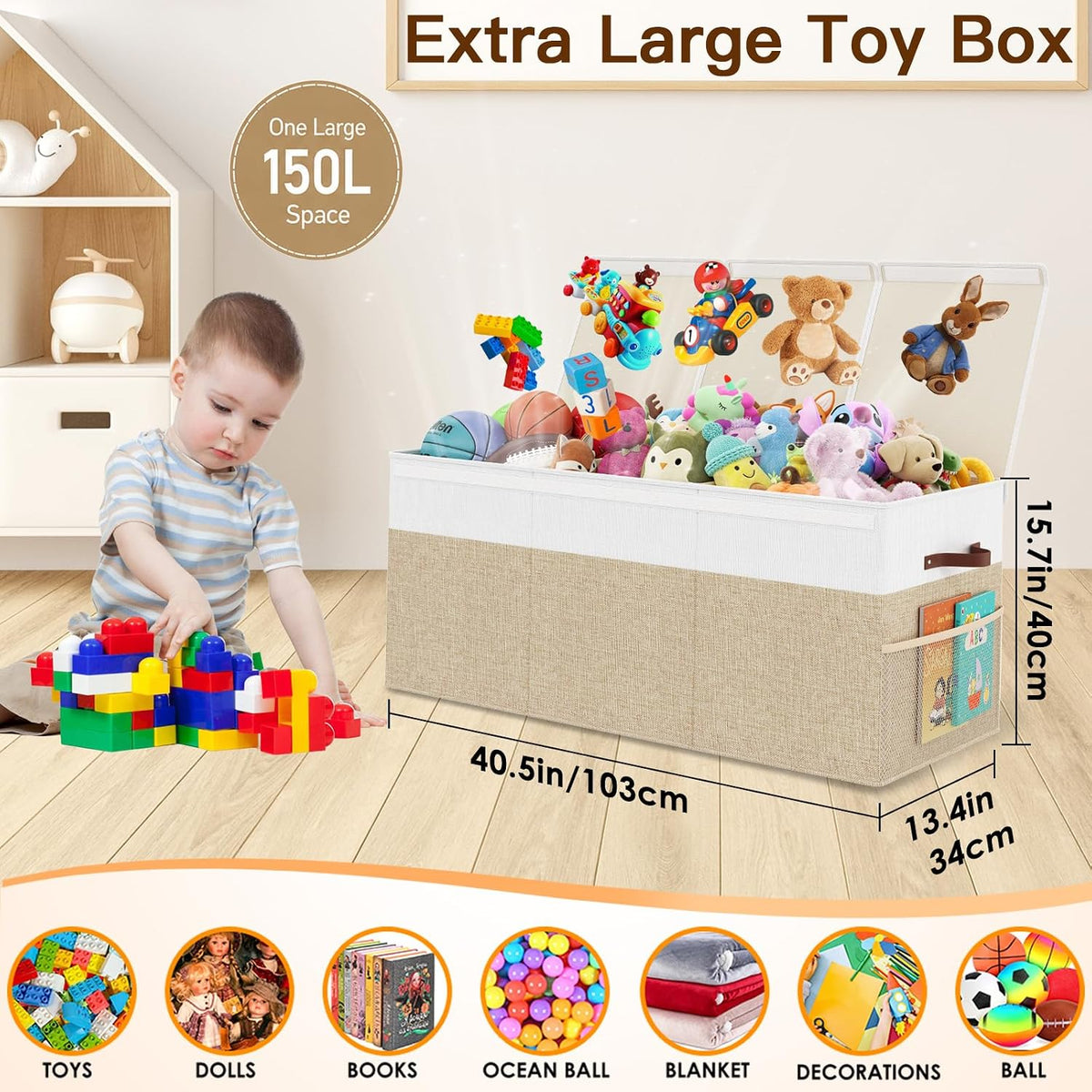 150L Extra Large Toy Storage Box with Lid for Boys Girls Nursery Playroom