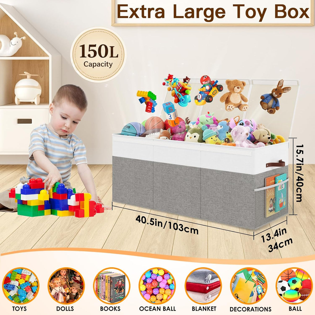 150L Extra Large Toy Storage Box with Lid for Boys Girls Nursery Playroom