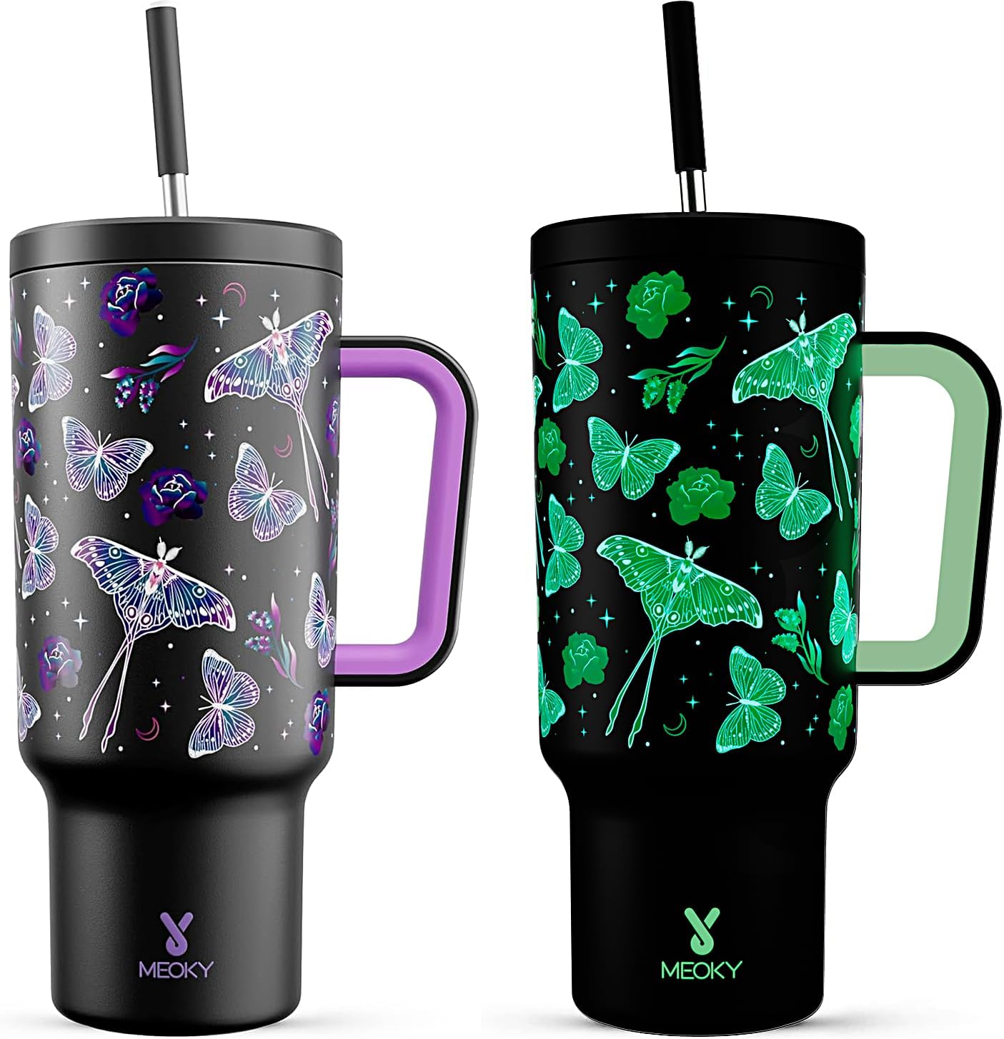 40 oz Tumbler with Handle and Straw: Stainless Steel Insulated Tumbler with Lid and Straw - 100% Leak Proof Tumbler for Car Cup Holders - Travelers Commuters Workers, Red Floral