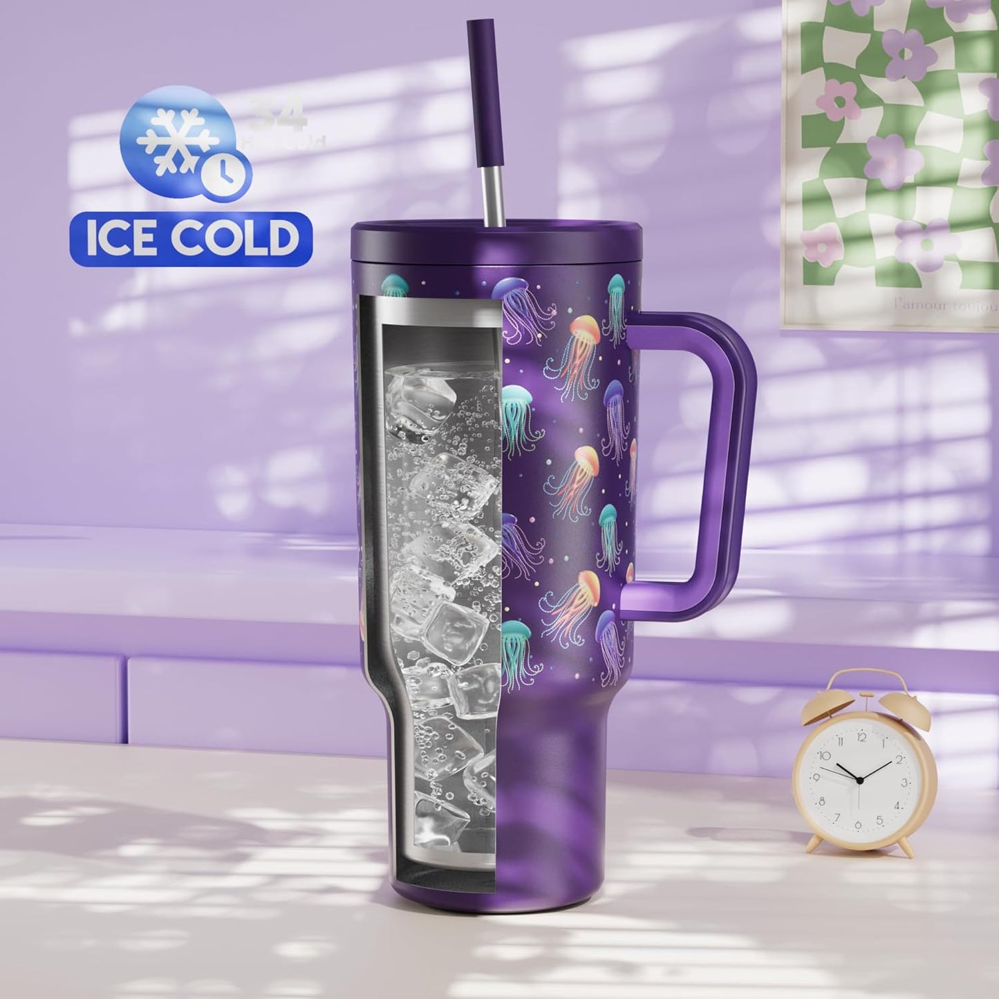 40 oz Tumbler with Handle and Straw: Stainless Steel Insulated Tumbler with Lid and Straw - 100% Leak Proof Tumbler for Car Cup Holders - Travelers Commuters Workers, Red Floral