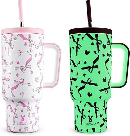40 oz Tumbler with Handle and Straw: Stainless Steel Insulated Tumbler with Lid and Straw - 100% Leak Proof Tumbler for Car Cup Holders - Travelers Commuters Workers, Red Floral