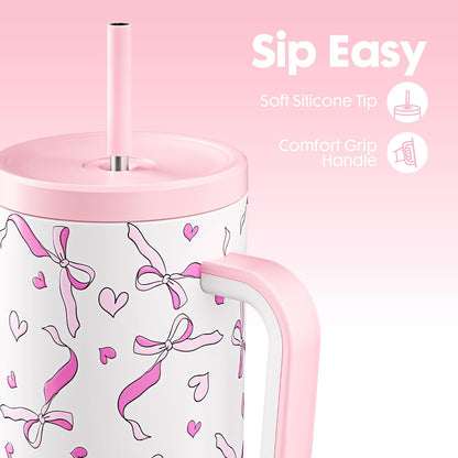 40 oz Tumbler with Handle and Straw: Stainless Steel Insulated Tumbler with Lid and Straw - 100% Leak Proof Tumbler for Car Cup Holders - Travelers Commuters Workers, Red Floral