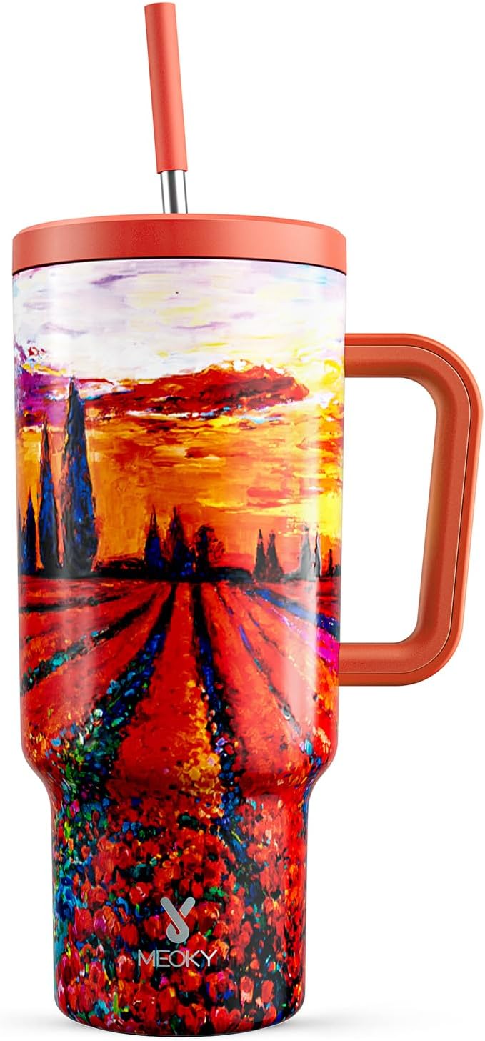 40 oz Tumbler with Handle and Straw: Stainless Steel Insulated Tumbler with Lid and Straw - 100% Leak Proof Tumbler for Car Cup Holders - Travelers Commuters Workers, Red Floral