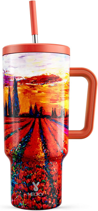 40 oz Tumbler with Handle and Straw: Stainless Steel Insulated Tumbler with Lid and Straw - 100% Leak Proof Tumbler for Car Cup Holders - Travelers Commuters Workers, Red Floral