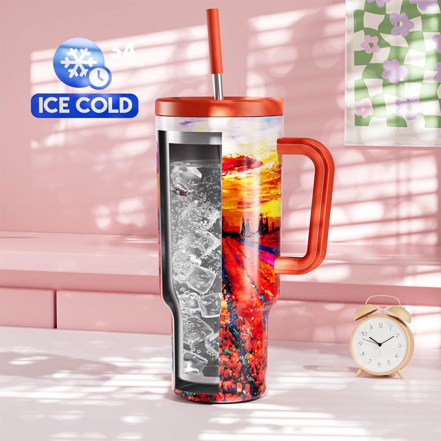 40 oz Tumbler with Handle and Straw: Stainless Steel Insulated Tumbler with Lid and Straw - 100% Leak Proof Tumbler for Car Cup Holders - Travelers Commuters Workers, Red Floral