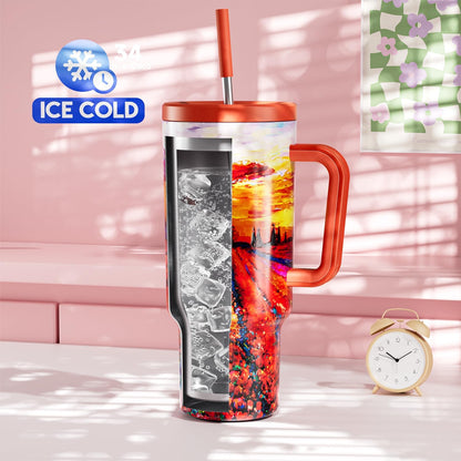 40 oz Tumbler with Handle and Straw: Stainless Steel Insulated Tumbler with Lid and Straw - 100% Leak Proof Tumbler for Car Cup Holders - Travelers Commuters Workers, Red Floral