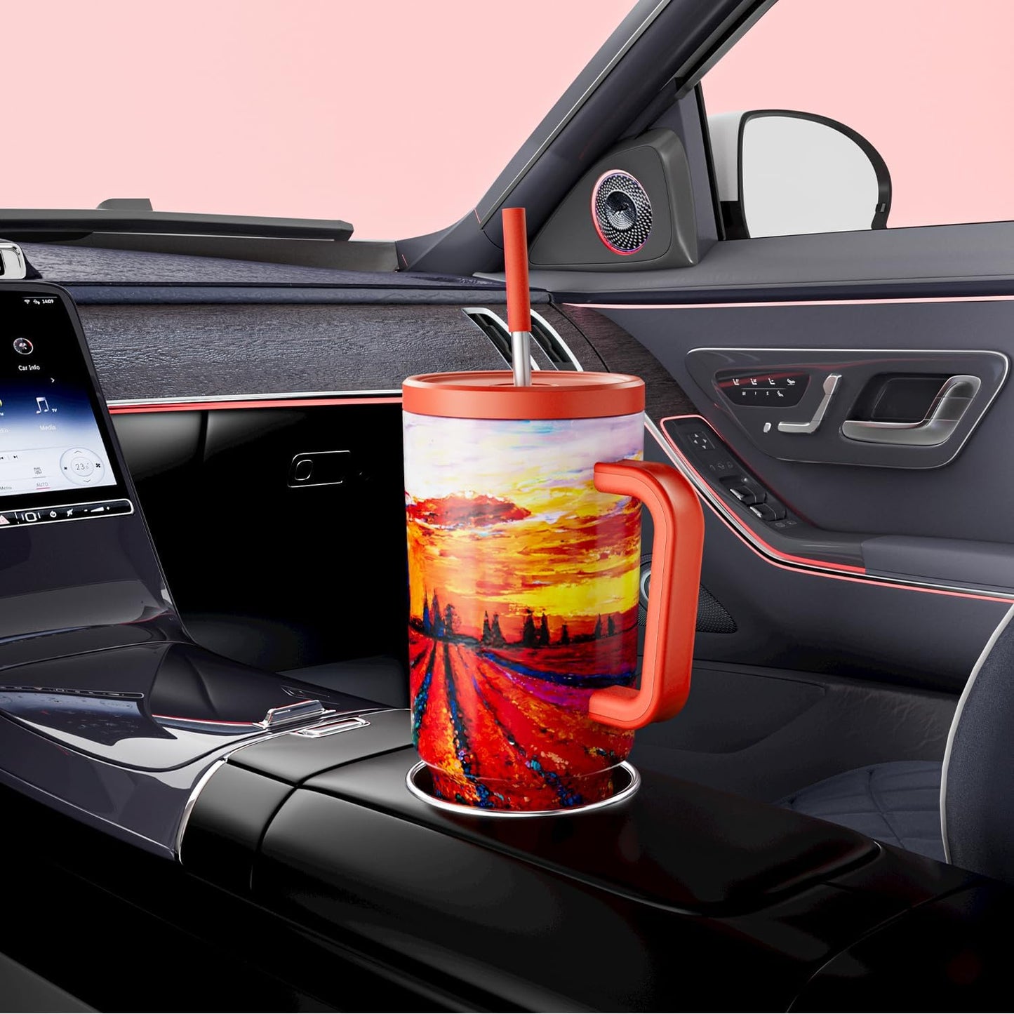 40 oz Tumbler with Handle and Straw: Stainless Steel Insulated Tumbler with Lid and Straw - 100% Leak Proof Tumbler for Car Cup Holders - Travelers Commuters Workers, Red Floral