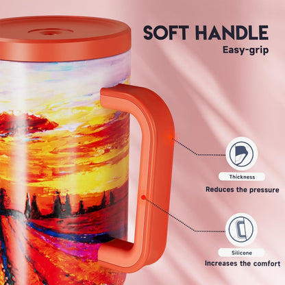 40 oz Tumbler with Handle and Straw: Stainless Steel Insulated Tumbler with Lid and Straw - 100% Leak Proof Tumbler for Car Cup Holders - Travelers Commuters Workers, Red Floral