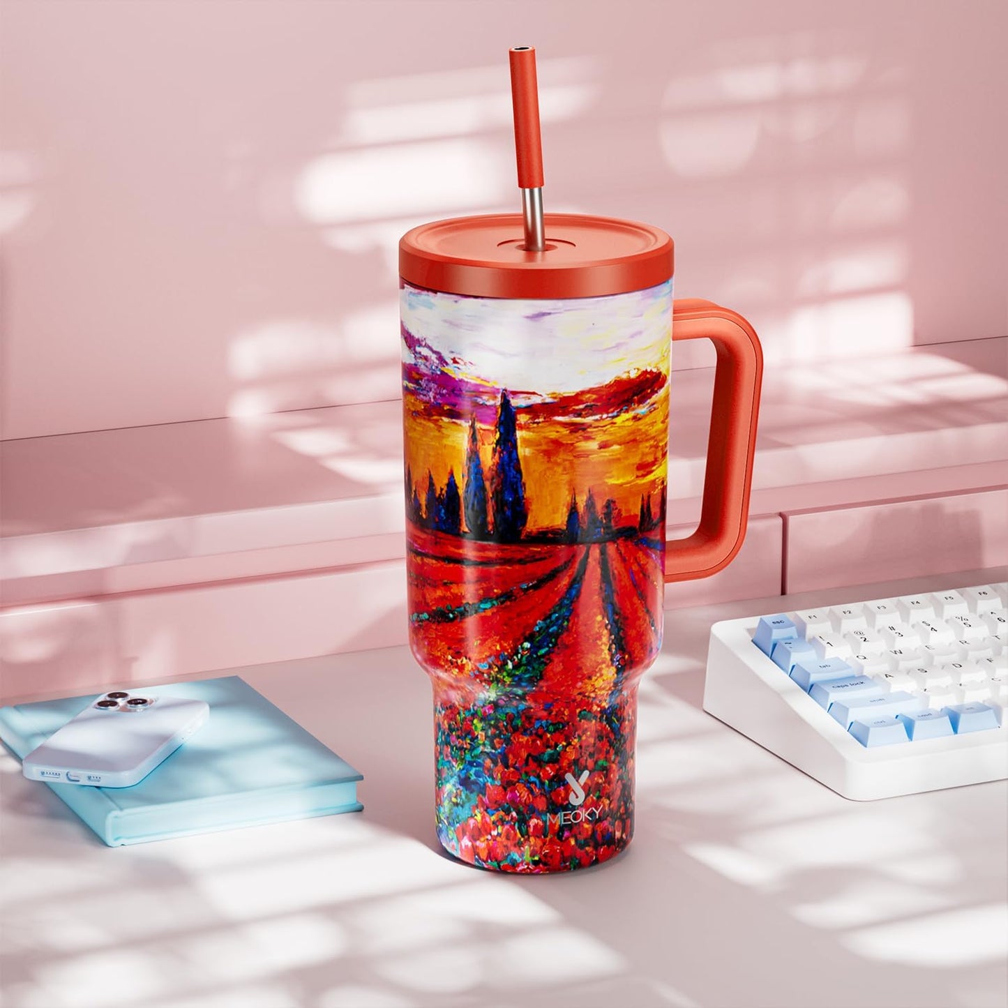 40 oz Tumbler with Handle and Straw: Stainless Steel Insulated Tumbler with Lid and Straw - 100% Leak Proof Tumbler for Car Cup Holders - Travelers Commuters Workers, Red Floral