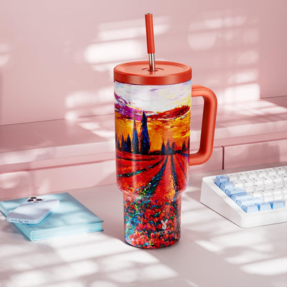 40 oz Tumbler with Handle and Straw: Stainless Steel Insulated Tumbler with Lid and Straw - 100% Leak Proof Tumbler for Car Cup Holders - Travelers Commuters Workers, Red Floral