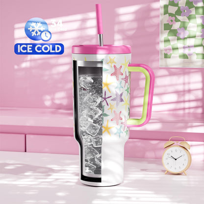 40 oz Tumbler with Handle and Straw: Stainless Steel Insulated Tumbler with Lid and Straw - 100% Leak Proof Tumbler for Car Cup Holders - Travelers Commuters Workers, Red Floral
