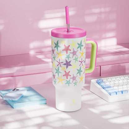 40 oz Tumbler with Handle and Straw: Stainless Steel Insulated Tumbler with Lid and Straw - 100% Leak Proof Tumbler for Car Cup Holders - Travelers Commuters Workers, Red Floral