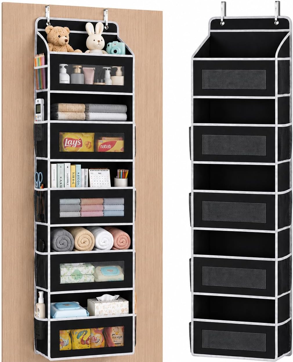 Over The Door Organizer, 5-Tier Hanging Storage with 5 Large Front Pockets & 5 Mesh Side Pockets, reinforced cardboard support, space-saving storage for nursery, kids room, bathroom, pantry & dorm
