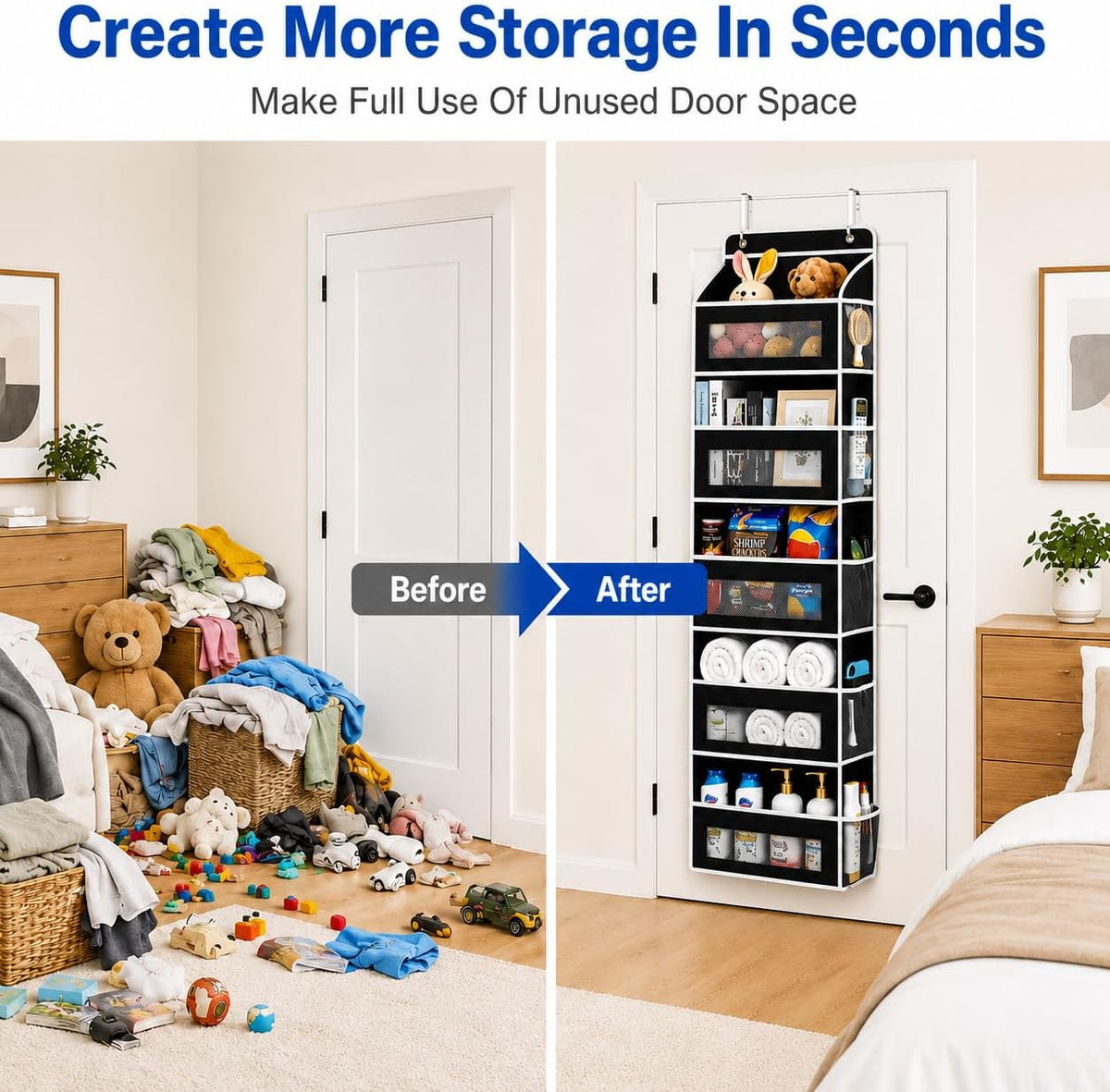 Over The Door Organizer, 5-Tier Hanging Storage with 5 Large Front Pockets & 5 Mesh Side Pockets, reinforced cardboard support, space-saving storage for nursery, kids room, bathroom, pantry & dorm