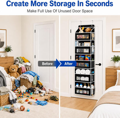 Over The Door Organizer, 5-Tier Hanging Storage with 5 Large Front Pockets & 5 Mesh Side Pockets, reinforced cardboard support, space-saving storage for nursery, kids room, bathroom, pantry & dorm