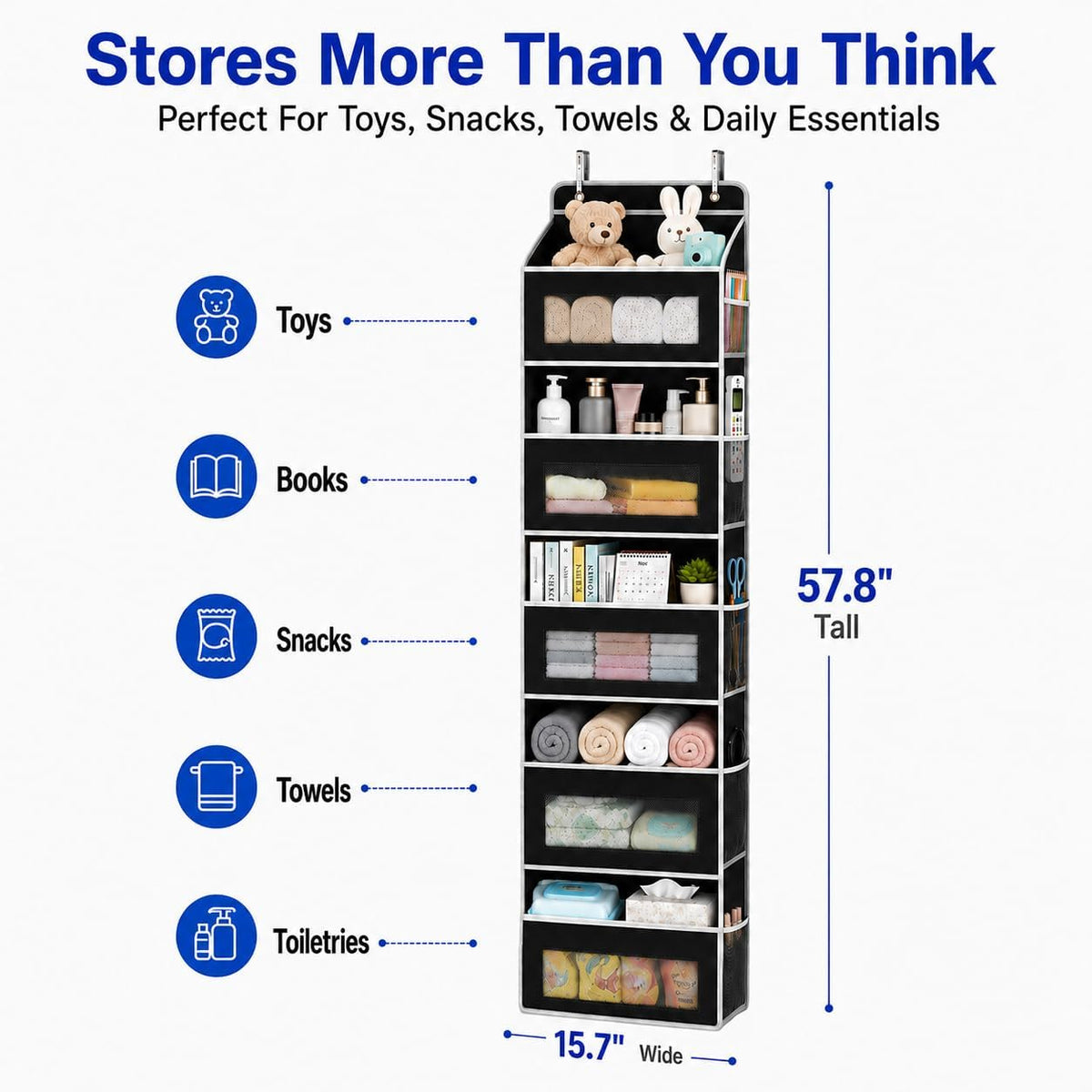 Over The Door Organizer, 5-Tier Hanging Storage with 5 Large Front Pockets & 5 Mesh Side Pockets, reinforced cardboard support, space-saving storage for nursery, kids room, bathroom, pantry & dorm