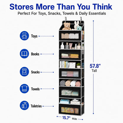Over The Door Organizer, 5-Tier Hanging Storage with 5 Large Front Pockets & 5 Mesh Side Pockets, reinforced cardboard support, space-saving storage for nursery, kids room, bathroom, pantry & dorm