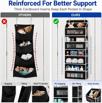 Over The Door Organizer, 5-Tier Hanging Storage with 5 Large Front Pockets & 5 Mesh Side Pockets, reinforced cardboard support, space-saving storage for nursery, kids room, bathroom, pantry & dorm