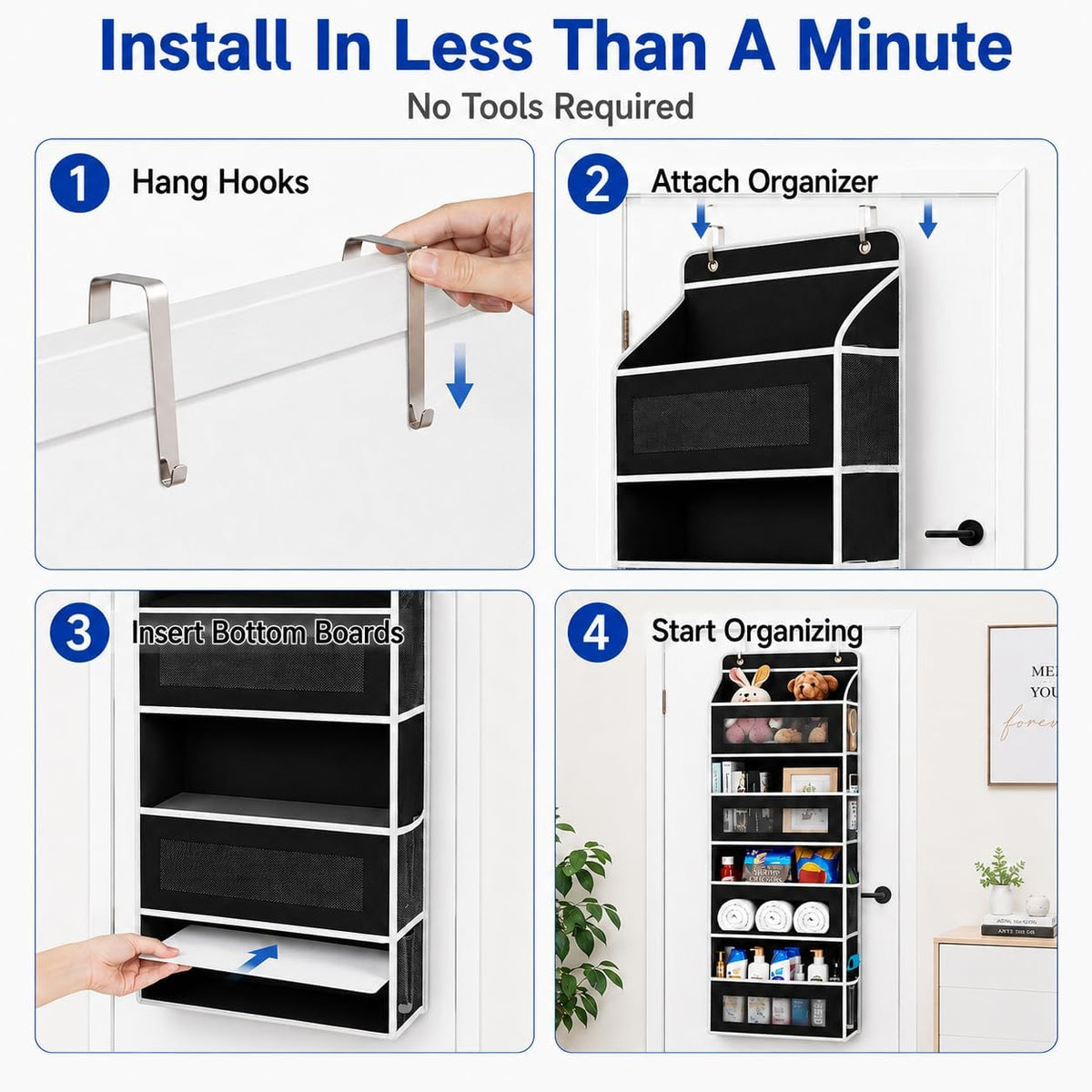 Over The Door Organizer, 5-Tier Hanging Storage with 5 Large Front Pockets & 5 Mesh Side Pockets, reinforced cardboard support, space-saving storage for nursery, kids room, bathroom, pantry & dorm