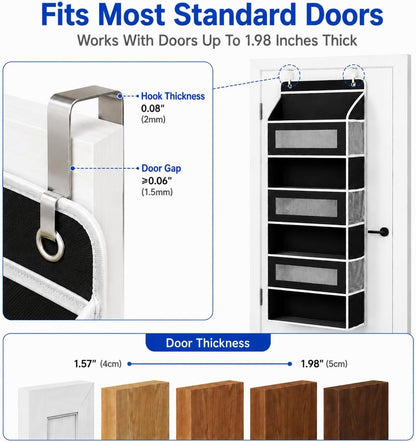 Over The Door Organizer, 5-Tier Hanging Storage with 5 Large Front Pockets & 5 Mesh Side Pockets, reinforced cardboard support, space-saving storage for nursery, kids room, bathroom, pantry & dorm