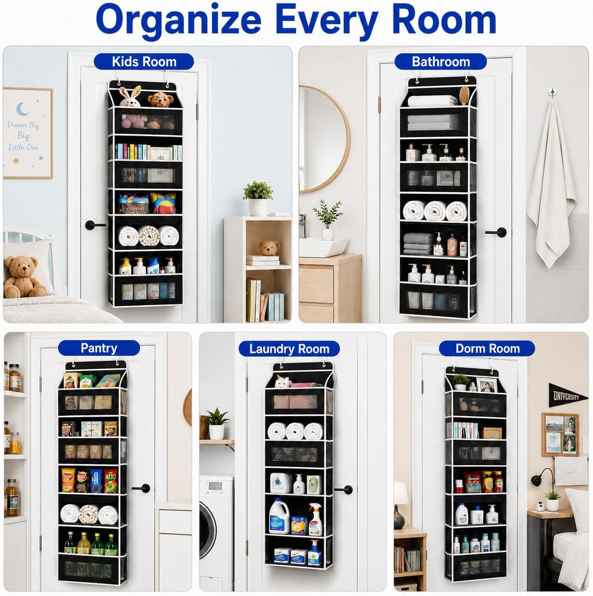 Over The Door Organizer, 5-Tier Hanging Storage with 5 Large Front Pockets & 5 Mesh Side Pockets, reinforced cardboard support, space-saving storage for nursery, kids room, bathroom, pantry & dorm