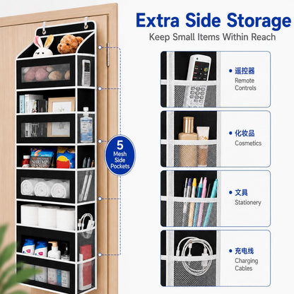Over The Door Organizer, 5-Tier Hanging Storage with 5 Large Front Pockets & 5 Mesh Side Pockets, reinforced cardboard support, space-saving storage for nursery, kids room, bathroom, pantry & dorm