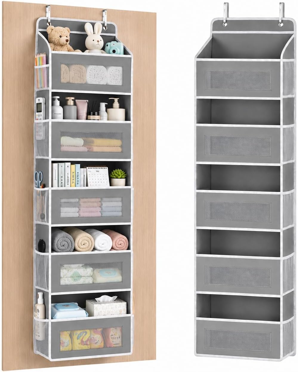 Over The Door Organizer, 5-Tier Hanging Storage with 5 Large Front Pockets & 5 Mesh Side Pockets, reinforced cardboard support, space-saving storage for nursery, kids room, bathroom, pantry & dorm