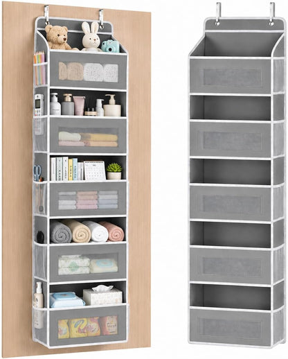 Over The Door Organizer, 5-Tier Hanging Storage with 5 Large Front Pockets & 5 Mesh Side Pockets, reinforced cardboard support, space-saving storage for nursery, kids room, bathroom, pantry & dorm