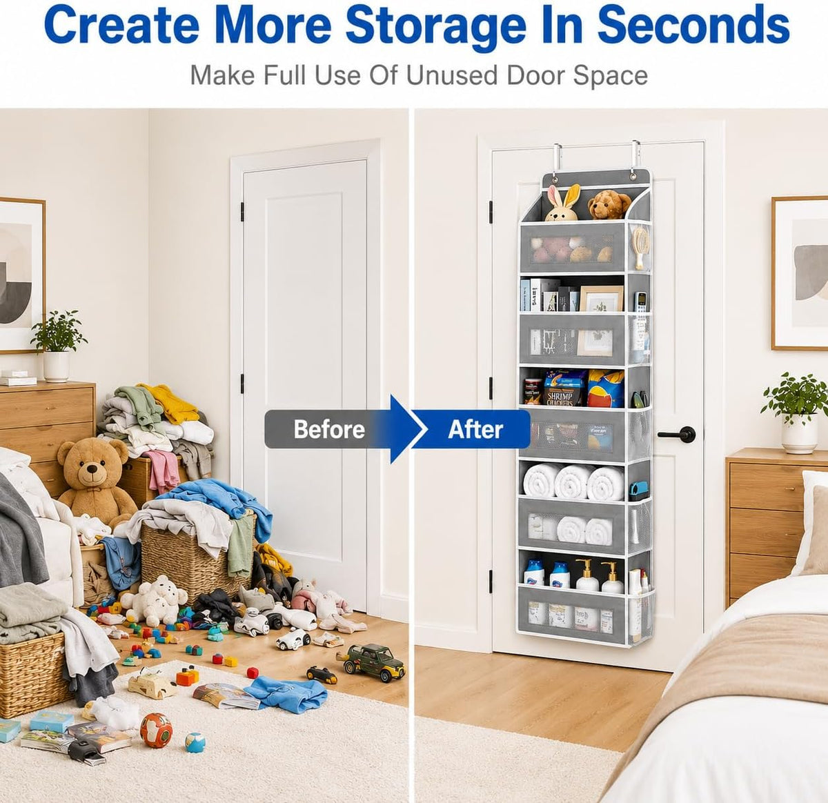 Over The Door Organizer, 5-Tier Hanging Storage with 5 Large Front Pockets & 5 Mesh Side Pockets, reinforced cardboard support, space-saving storage for nursery, kids room, bathroom, pantry & dorm