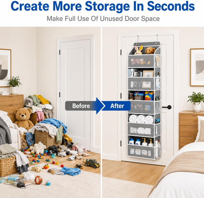 Over The Door Organizer, 5-Tier Hanging Storage with 5 Large Front Pockets & 5 Mesh Side Pockets, reinforced cardboard support, space-saving storage for nursery, kids room, bathroom, pantry & dorm