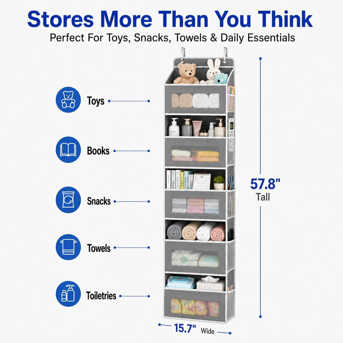 Over The Door Organizer, 5-Tier Hanging Storage with 5 Large Front Pockets & 5 Mesh Side Pockets, reinforced cardboard support, space-saving storage for nursery, kids room, bathroom, pantry & dorm