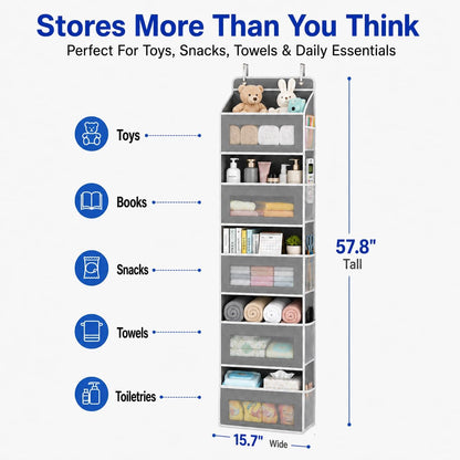 Over The Door Organizer, 5-Tier Hanging Storage with 5 Large Front Pockets & 5 Mesh Side Pockets, reinforced cardboard support, space-saving storage for nursery, kids room, bathroom, pantry & dorm