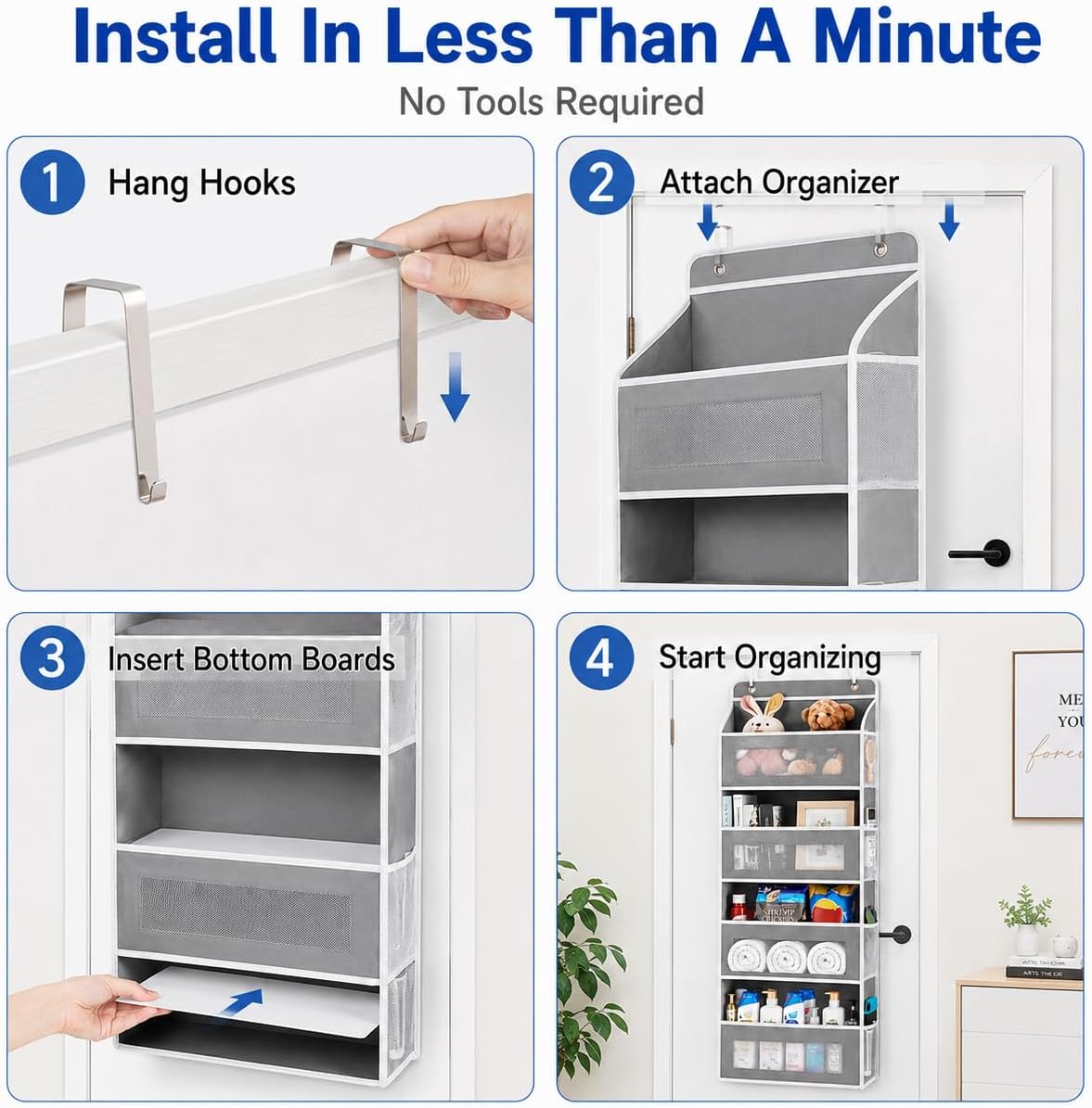 Over The Door Organizer, 5-Tier Hanging Storage with 5 Large Front Pockets & 5 Mesh Side Pockets, reinforced cardboard support, space-saving storage for nursery, kids room, bathroom, pantry & dorm