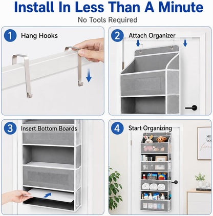 Over The Door Organizer, 5-Tier Hanging Storage with 5 Large Front Pockets & 5 Mesh Side Pockets, reinforced cardboard support, space-saving storage for nursery, kids room, bathroom, pantry & dorm