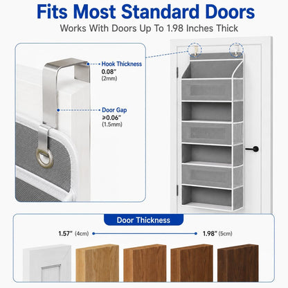 Over The Door Organizer, 5-Tier Hanging Storage with 5 Large Front Pockets & 5 Mesh Side Pockets, reinforced cardboard support, space-saving storage for nursery, kids room, bathroom, pantry & dorm