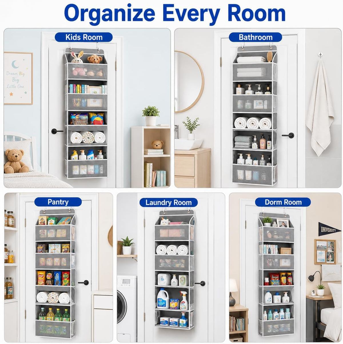Over The Door Organizer, 5-Tier Hanging Storage with 5 Large Front Pockets & 5 Mesh Side Pockets, reinforced cardboard support, space-saving storage for nursery, kids room, bathroom, pantry & dorm