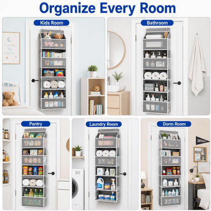 Over The Door Organizer, 5-Tier Hanging Storage with 5 Large Front Pockets & 5 Mesh Side Pockets, reinforced cardboard support, space-saving storage for nursery, kids room, bathroom, pantry & dorm