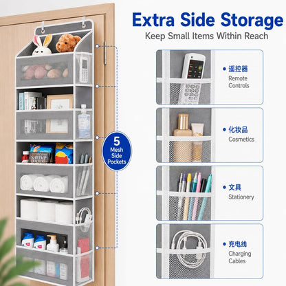 Over The Door Organizer, 5-Tier Hanging Storage with 5 Large Front Pockets & 5 Mesh Side Pockets, reinforced cardboard support, space-saving storage for nursery, kids room, bathroom, pantry & dorm