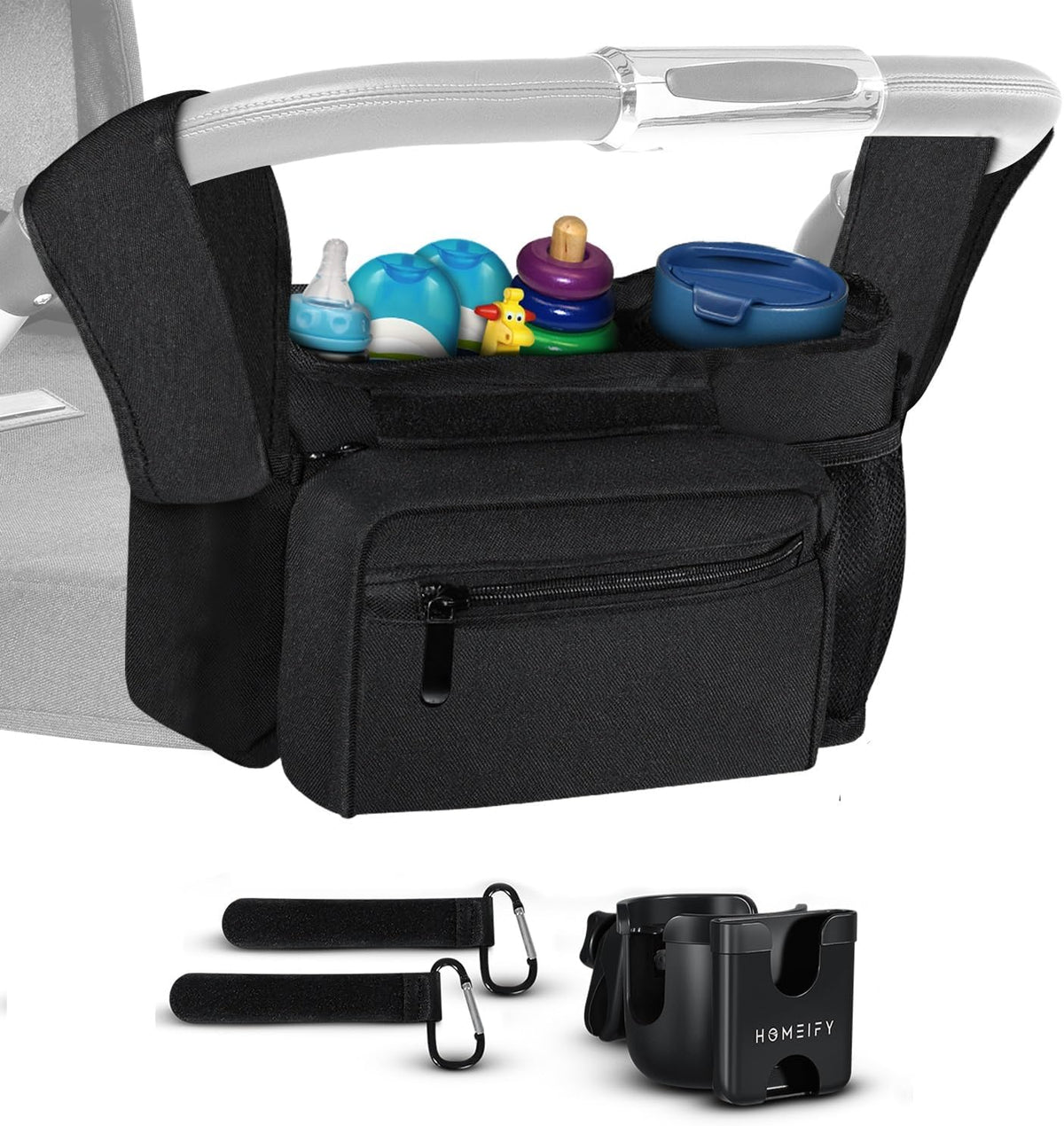 Baby Stroller Organizer Set - Universal Stroller Bag + Cup Holder/Phone Holder, Universal Accessories for Stroller, Bike, Wheelchair, Walker, Scooter