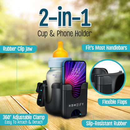 Baby Stroller Organizer Set - Universal Stroller Bag + Cup Holder/Phone Holder, Universal Accessories for Stroller, Bike, Wheelchair, Walker, Scooter