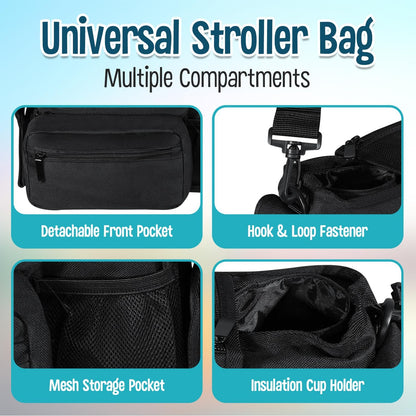 Baby Stroller Organizer Set - Universal Stroller Bag + Cup Holder/Phone Holder, Universal Accessories for Stroller, Bike, Wheelchair, Walker, Scooter