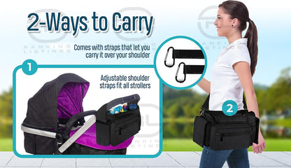 Baby Stroller Organizer Set - Universal Stroller Bag + Cup Holder/Phone Holder, Universal Accessories for Stroller, Bike, Wheelchair, Walker, Scooter