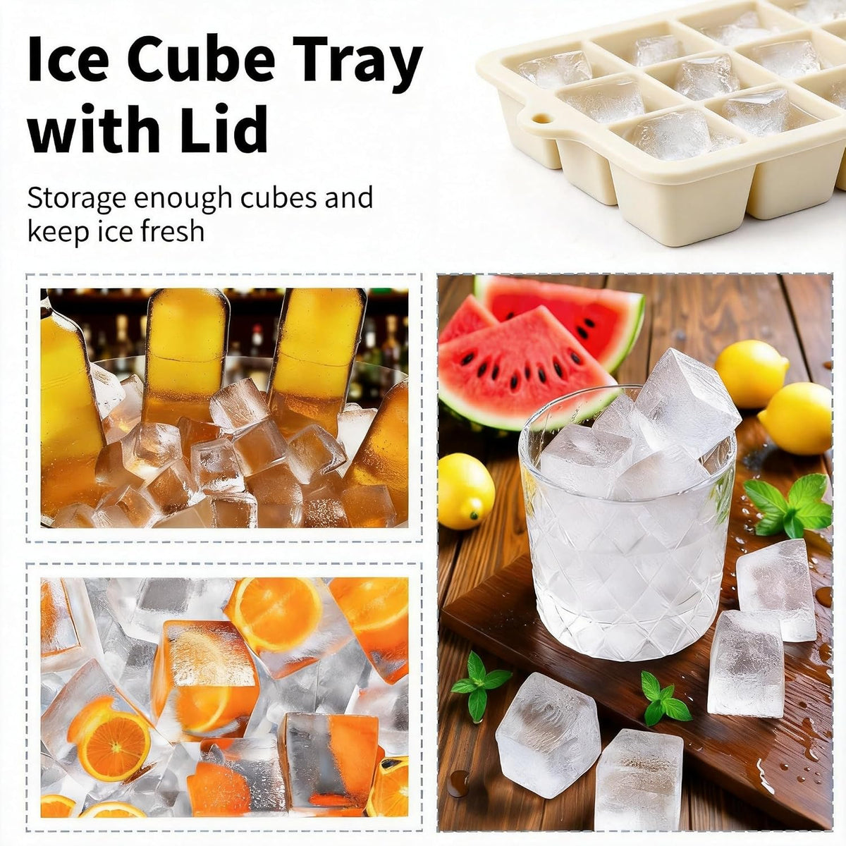 Silicone Ice Cube Tray, Ice Cube Mold, Ice Trays for Freezer with Lid for Whiskey, Cocktail, Drinks and Food, Freezer, BPA Free, Easy Release